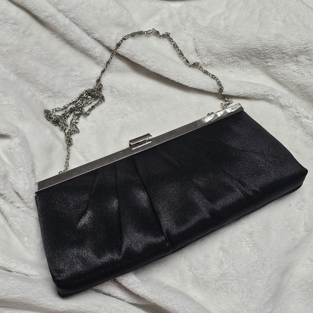 Jessica McClintock East West Black Satin Frame Clutch With Metal Chain